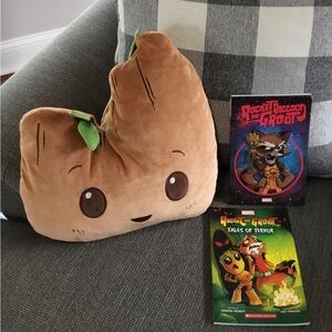 Marvel Groot Plush Pillow & 2 Rocket & Groot Books Bundle